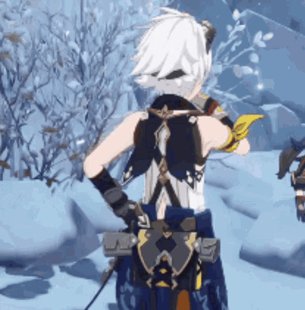 a video game character is standing in the snow with a sword in his hand .