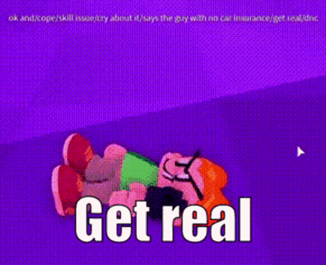 a cartoon character is holding a gun and the words `` get real '' are on a purple background .