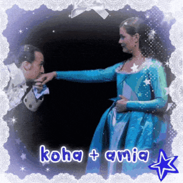 a picture of a man touching a woman 's hand with the words koha + ania on the bottom