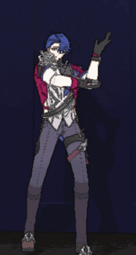 a pixel art drawing of a man with blue hair dancing