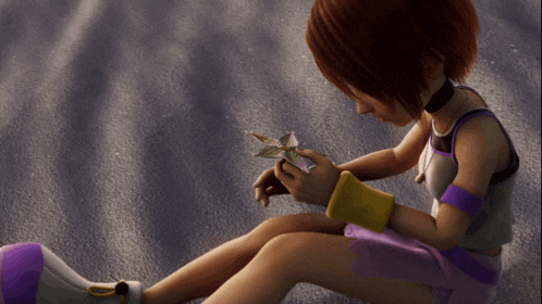 a cartoon girl is sitting on the ground holding a flower in her hand