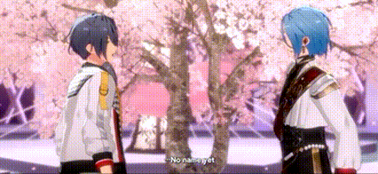 two anime characters are standing next to each other in front of a cherry blossom tree in a park .