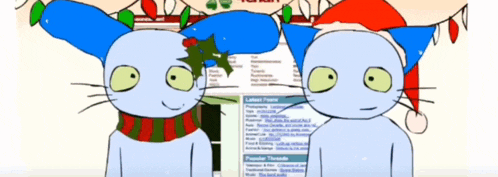 two cartoon cats wearing santa hats and scarves are standing in front of a screen that says ' popular thread ' on it