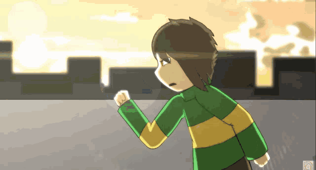 a cartoon character with brown hair and a green and yellow shirt