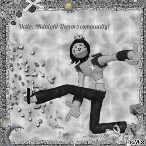 a picture of a cartoon character with the words hello midnight horrors community on the bottom