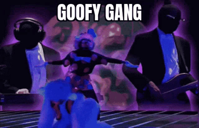 a goofy gang poster with a clown dancing on a unicorn