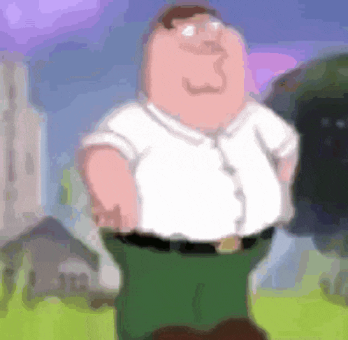 peter griffin from family guy is standing in a park with his hands on his hips .