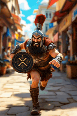 a cartoon illustration of a gladiator holding a shield and a coin with the letter x on it