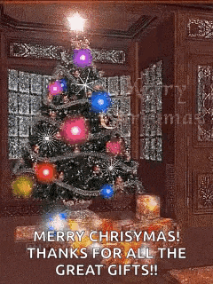 a merry chrisymas greeting card with a christmas tree in a living room