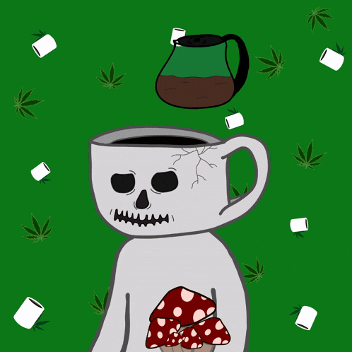 a drawing of a skeleton holding a mushroom and a cup of coffee with the word gm in green