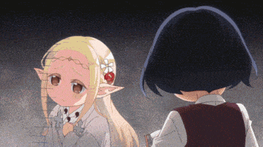 a girl with a flower in her hair is standing next to a girl with short hair