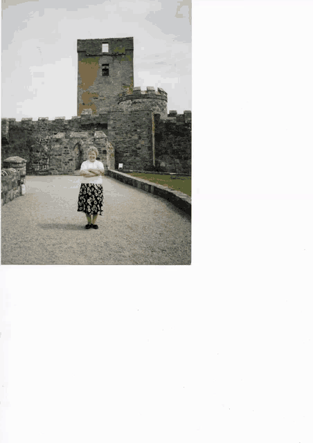 a woman stands in front of a stone wall with a castle in the background