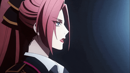 a woman with red hair and blue eyes looks angry