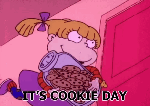 a girl from rugrats is holding a jar of cookies and saying it 's cookie day
