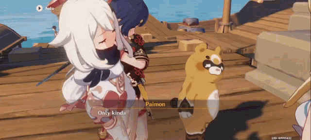 a video game character is standing next to a stuffed animal and talking to it .