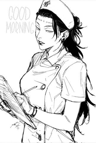 a black and white drawing of a nurse with the words good morning on the bottom .