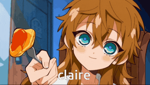 a girl holding a pancake with the word claire on the bottom right