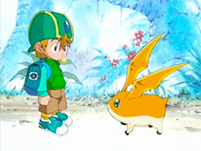 a boy in a green hat is standing next to a small orange rabbit with wings .