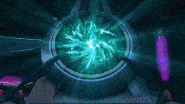 a blue light coming out of a circle with a purple object in the background