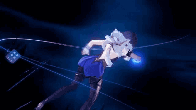 a woman in a blue dress is standing in a dark room with a blue light behind her .