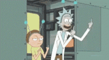 rick and morty are standing next to each other in a room and rick is giving a middle finger .
