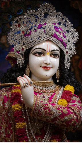 a statue of krishna playing a flute with a peacock feather crown on his head