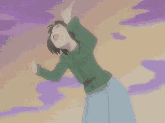 a girl in a green shirt is laughing in front of purple clouds