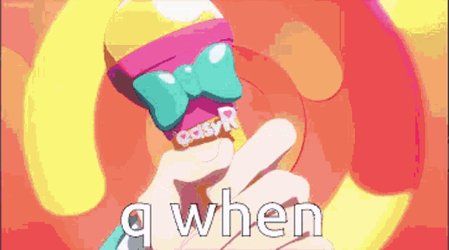 a cartoon character is holding a microphone with the words q when below it