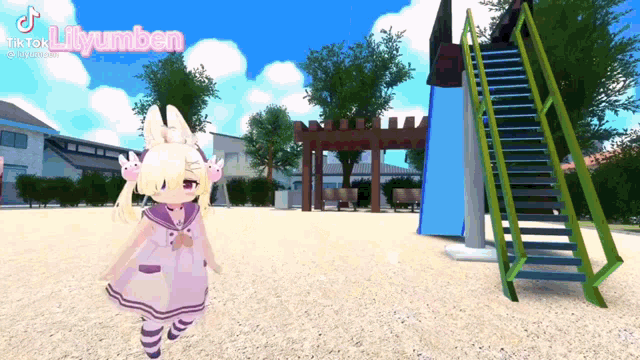 a girl in a pink dress is standing in a park with a slide and stairs