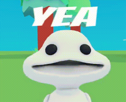 a white cartoon character with black eyes and a mustache is standing in front of a green field with the word yea on it .