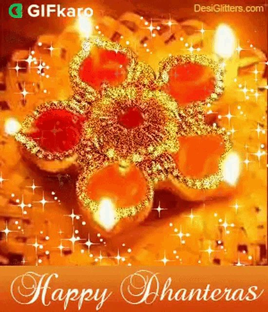 a happy dhanteras greeting card with a picture of a flower made of candles .
