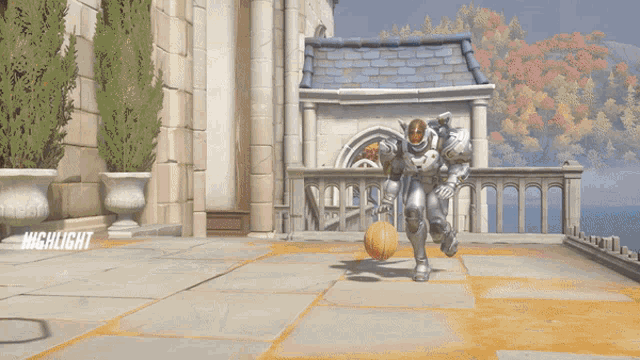 a video game screen shows a robot holding a basketball and says highlight goblinpapa vs pharah