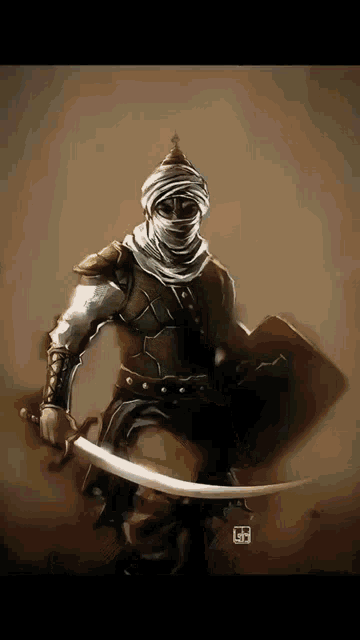 a painting of a warrior with a sword and shield