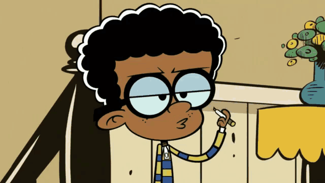 a cartoon of a boy with glasses smoking a cigarette with a vase of flowers in the background
