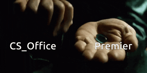 a hand holding a red pill next to a hand holding a blue pill which says premier