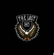 the lost mc logo with an eagle and shield on a black background