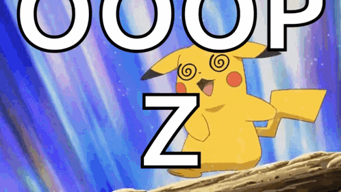 a pikachu with a swirl in his eyes is standing on a rock with the letter z above him