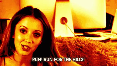 a woman says run run for the hills in a dark room