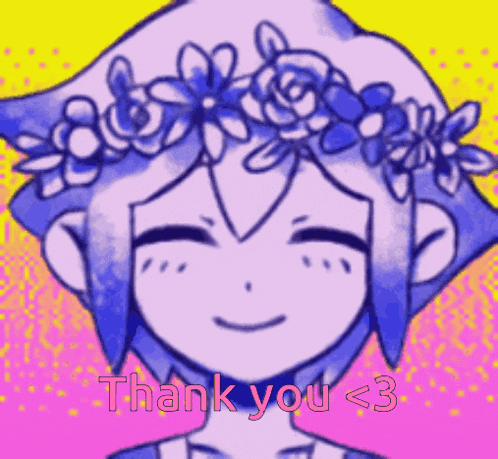 a drawing of a girl with a flower crown on her head and the words thank you < 3 below her