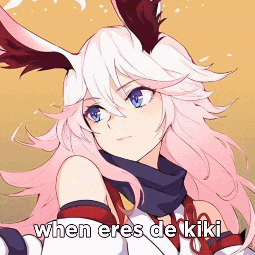 a picture of a girl with pink hair and blue eyes with the words when eres de kiki on it .
