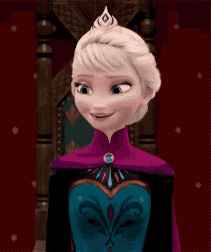 a close up of elsa from frozen wearing a purple cape and tiara