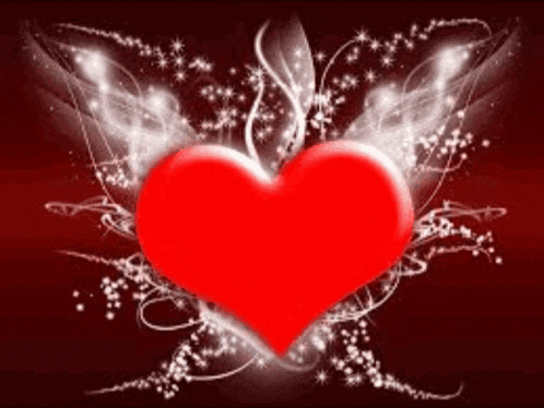 a red heart with white wings is surrounded by white swirls and stars
