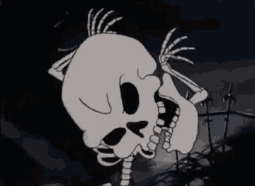 a cartoon skull is standing in front of a cemetery with barbed wire .