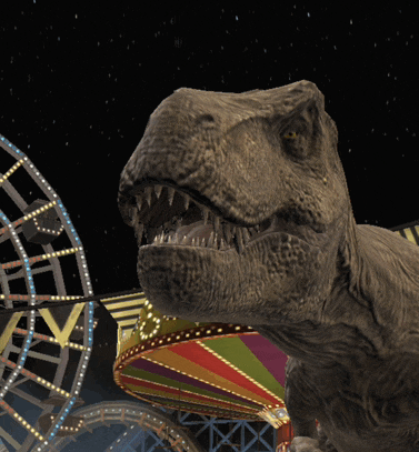 a dinosaur is standing in front of a ferris wheel that says ' t rex ' on it