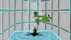 a frog is taking a shower in a tiled room