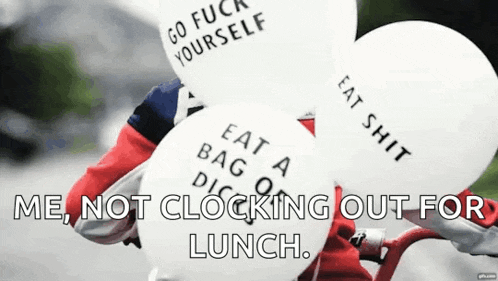 a person is riding a bike with balloons that say eat shit