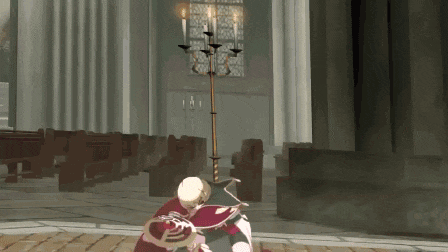 a man in a red cape is kneeling down in a church