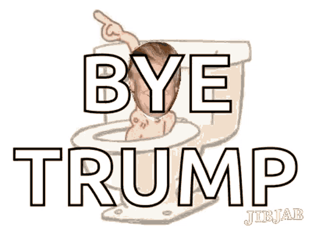 a cartoon of a person sitting in a toilet with the words `` bye trump '' written above it .