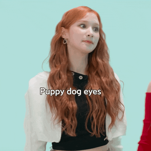 a woman with red hair has the words puppy dog eyes written on her face