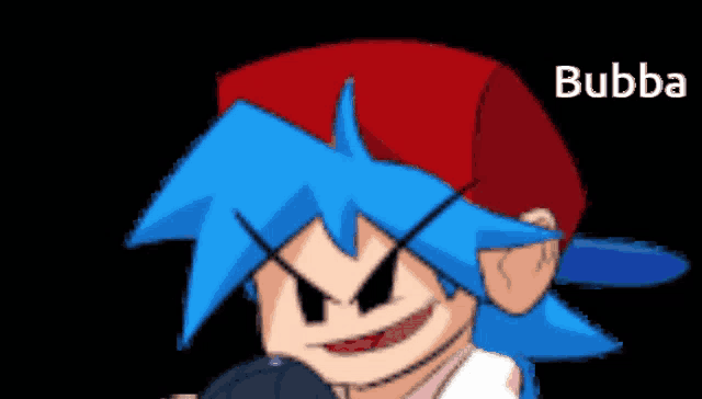 a cartoon character with blue hair and a red hat says bubba .